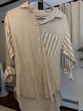 LOFT Beige and White Striped Collared Blouse